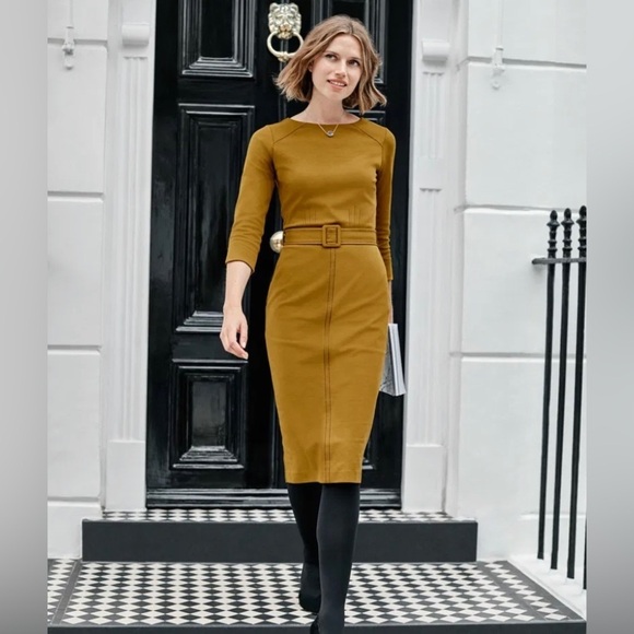 Boden Rosalie Ponte Trumpet Dress Stretch Midi Sz 4P Mustard Yellow Career - Picture 1 of 15